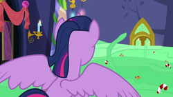 Size: 1280x720 | Tagged: safe, screencap, twilight sparkle, alicorn, pony, g4, my little pony best gift ever, back of head, female, food, mare, pudding, rear view, solo, spread wings, twilight sparkle (alicorn), wings