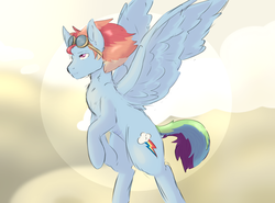 Size: 2700x2000 | Tagged: safe, artist:wildnightmare1881, rainbow dash, pegasus, pony, g4, alternate hairstyle, backwards cutie mark, female, goggles, high res, rearing, solo, spread wings, wings