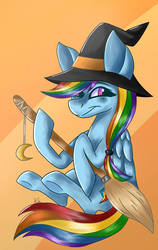 Size: 1024x1622 | Tagged: safe, artist:moonmist11, rainbow dash, pegasus, pony, g4, broom, clothes, costume, female, halloween, halloween costume, hat, simple background, solo, witch, witch hat