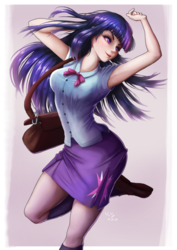 Size: 848x1200 | Tagged: safe, artist:the-park, twilight sparkle, human, equestria girls, g4, armpits, bag, beautiful, big breasts, blouse, border, bowtie, breasts, busty twilight sparkle, clothes, cutie mark on clothes, eyelashes, female, flowing hair, gradient background, humanized, kneesocks, looking sideways, miniskirt, open mouth, passepartout, pleated skirt, pose, raised arms, raised leg, ribbon, sexy, shoes, shoulder bag, simple background, skirt, smiling, socks, solo, standing, standing on one leg, tight clothing