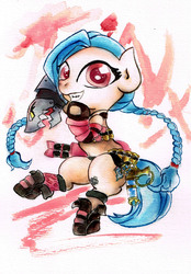 Size: 2399x3437 | Tagged: safe, artist:mashiromiku, pony, braid, high res, jinx (league of legends), league of legends, ponified, solo, traditional art, watercolor painting