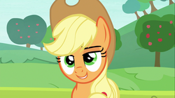 Size: 1366x768 | Tagged: safe, screencap, applejack, earth pony, pony, g4, non-compete clause, apple tree, cowboy hat, female, hat, lidded eyes, mare, smiling, smirk, solo, stetson, tree