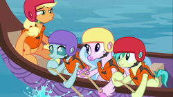 Size: 1366x768 | Tagged: safe, screencap, applejack, ocellus, sandbar, silverstream, changedling, changeling, classical hippogriff, earth pony, hippogriff, pony, g4, non-compete clause, canoe, female, group, helmet, lifejacket, male, mare, oar, quartet, rowing, teenager, water