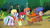 Size: 1366x768 | Tagged: safe, screencap, gallus, sandbar, silverstream, yona, classical hippogriff, earth pony, griffon, hippogriff, pegasus, pony, yak, g4, my little pony: friendship is magic, non-compete clause, cloven hooves, eyes closed, female, group, helmet, lifejacket, male, monkey swings, mouth hold, oar, quartet, rearing, teenager