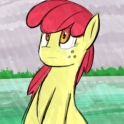 Size: 1000x1000 | Tagged: safe, artist:claribell3, apple bloom, pony, g4, crying, female, freckles, missing accessory, rain, solo