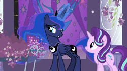 Size: 1280x720 | Tagged: safe, screencap, princess luna, starlight glimmer, pony, a royal problem, g4, animated, canterlot castle, cart, cute, female, flower, lavender, levitation, magic, night, pillar, smiling, sniffing, sound, stained glass, telekinesis, that pony sure does love lavender, webm