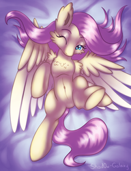Size: 1538x2000 | Tagged: safe, artist:shad0w-galaxy, fluttershy, pegasus, pony, g4, bedsheets, belly button, chest fluff, cute, ear fluff, featureless crotch, female, fluffy, looking at you, lying, on back, one eye closed, patreon, patreon preview, shyabetes, solo, spread wings, wing fluff, wings, wink
