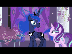 Size: 960x720 | Tagged: safe, edit, edited screencap, screencap, princess luna, starlight glimmer, a royal problem, g4, animated, canterlot castle, caption, cart, cute, female, flower, gif, lavender, levitation, magic, night, pillar, smiling, sniffing, stained glass, telekinesis, text, that pony sure does love lavender