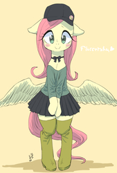 Size: 1000x1480 | Tagged: safe, artist:yanamosuda, fluttershy, pegasus, pony, g4, bipedal, blushing, boots, cap, clothes, cute, female, hat, looking at you, mare, pleated skirt, shirt, shoes, simple background, skirt, solo, thigh boots, yellow background