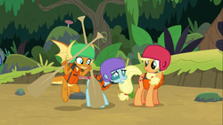 Size: 1366x768 | Tagged: safe, screencap, applejack, ocellus, smolder, changedling, changeling, dragon, pony, g4, non-compete clause, forest, helmet, lifejacket, oar