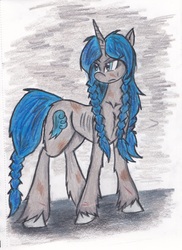 Size: 1765x2425 | Tagged: safe, artist:zubias, oc, oc only, oc:coral eve, pony, unicorn, fallout equestria, fallout equestria: murky number seven, braid, fanfic art, female, mare, solo, traditional art