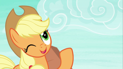 Size: 1366x768 | Tagged: safe, applejack, earth pony, pony, g4, my little pony: friendship is magic, non-compete clause, cute, female, happy, jackabetes, one eye closed, smiling, solo, wink