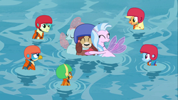 Size: 1366x768 | Tagged: safe, screencap, applejack, gallus, ocellus, rainbow dash, sandbar, silverstream, smolder, yona, dragon, griffon, pony, seapony (g4), g4, non-compete clause, cute, diaocelles, diastreamies, disguise, disguised changeling, dragoness, eyes closed, female, floating, helmet, hug, lifejacket, male, mare, rescue, seaponified, seapony ocellus, seapony silverstream, species swap, student six, water, yonadorable