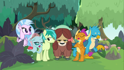 Size: 1366x768 | Tagged: safe, screencap, gallus, ocellus, sandbar, silverstream, smolder, yona, changedling, changeling, classical hippogriff, dragon, earth pony, griffon, hippogriff, pony, yak, g4, non-compete clause, bow, claws, cloven hooves, colored hooves, crossed arms, dragoness, female, hair bow, jewelry, male, monkey swings, necklace, sleepy, student six, students, teenager, unamused, yona is not amused