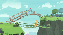 Size: 1366x768 | Tagged: safe, screencap, applejack, rainbow dash, earth pony, pegasus, pony, g4, non-compete clause, breaking the laws of physics, bridge, cartoon physics, cliff, duo, female, mare, mouth hold, ravine, rope bridge, stick, this will end in tears, vine