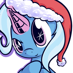 Size: 1280x1280 | Tagged: safe, artist:magician-horse, trixie, pony, unicorn, g4, christmas, cute, diatrixes, female, glowing horn, hat, holiday, horn, looking at you, mare, santa hat, simple background, solo, starry eyes, white background, wingding eyes