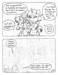 Size: 849x1100 | Tagged: safe, artist:circe, applejack, fluttershy, pinkie pie, rainbow dash, twilight sparkle, oc, oc:eaststern, oc:gothy moon, alicorn, anthro, unguligrade anthro, comic:soreloser, g4, armpits, black and white, ear piercing, earring, fishnet stockings, grayscale, inspector jacques clouseau, jewelry, marx brothers, monochrome, piercing, traditional art, twilight sparkle (alicorn)