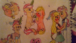 Size: 3264x1836 | Tagged: safe, artist:bea-drowned, applejack, flim, pony, equestria girls, g4, female, male, ship:flimjack, shipping, straight, traditional art