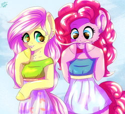 Size: 2732x2500 | Tagged: safe, artist:lucaaegus, fluttershy, pinkie pie, anthro, g4, arm hooves, clothes, cute, diapinkes, dress, facial hair, heart eyes, high res, moustache, shyabetes, starry eyes, summer, summer dress, sundress, sunshine, wingding eyes