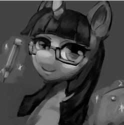 Size: 795x803 | Tagged: safe, artist:kunshomo, twilight sparkle, pony, g4, female, glasses, mare, monochrome, pencil, solo