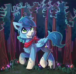 Size: 1600x1554 | Tagged: safe, artist:saxopi, oc, oc only, oc:mix-up, pegasus, pony, flower, forest, male, solo, stallion, tree