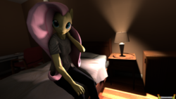 Size: 1920x1080 | Tagged: safe, artist:rockydemond, fluttershy, anthro, g4, 3d, bed, bedroom, clothes, cute, female, flirting, furry, lamp, light
