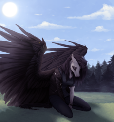 Size: 1320x1408 | Tagged: safe, artist:dementra369, oc, oc only, oc:kira shiffer, pegasus, anthro, eyes closed, female, kneeling, large wings, solo, spread wings, wings