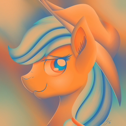 Size: 3000x3000 | Tagged: safe, artist:iraincloud, applejack, pony, g4, abstract background, bust, ear fluff, female, high res, limited palette, portrait, profile, signature, solo