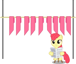 Size: 3200x2706 | Tagged: safe, artist:rhubarb-leaf, edit, editor:slayerbvc, vector edit, apple bloom, earth pony, pony, g4, accessory-less edit, apple bloom's bow, bow, clothes line, drying, female, filly, hair bow, high res, laundry, looking at you, newspaper, reading, rope, sitting, solo, stool, vector