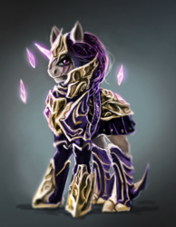 Size: 900x1161 | Tagged: safe, artist:elkaart, oc, oc only, pony, unicorn, armor, crystal, glowing horn, gradient background, horn, knight, looking at you, magic, male, solo, stallion