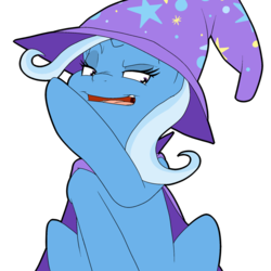 Size: 1280x1280 | Tagged: safe, artist:bennimarru, trixie, pony, g4, cape, clothes, female, flat colors, hat, open mouth, raised eyebrow, simple background, sitting, sneer, solo, transparent background, trixie's cape, trixie's hat