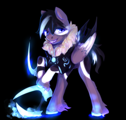 Size: 800x762 | Tagged: safe, artist:elkaart, oc, oc only, hybrid, pegasus, pony, bipedal, bipedal leaning, black background, clothes, glowing hooves, leaning, male, simple background, smiling, stallion, wings