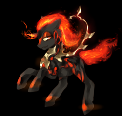 Size: 900x857 | Tagged: safe, artist:elkaart, oc, oc only, pony, unicorn, black background, female, fire, glowing horn, horn, mane of fire, mare, rearing, simple background, solo