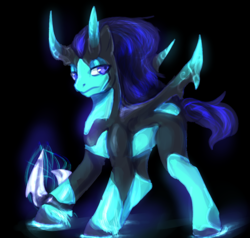 Size: 800x762 | Tagged: safe, artist:elkaart, oc, oc only, demon pony, pony, black background, blade, hoof blades, horns, male, simple background, solo, stallion, weapon