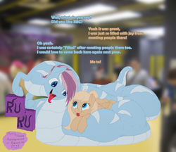 Size: 1996x1728 | Tagged: safe, artist:rubiont, oc, oc only, oc:liu, oc:mirta whoowlms, lamia, original species, pegasus, pony, snake pony, bronycon, abdominal bulge, belly, belly bed, crotch bulge, dialogue, fetish, impossibly large belly, post-vore, rubronycon, size difference, smiling, tail bulge, thick, tongue out, vore