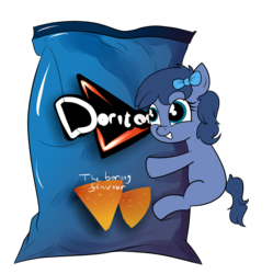 Size: 1369x1377 | Tagged: safe, artist:moonatik, oc, oc only, oc:whinny, pony, bag, bow, chips, doritos, female, food, gift art, hair bow, happy, hug, mare, solo