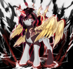 Size: 1024x975 | Tagged: safe, artist:elkaart, oc, oc only, alicorn, pony, alicorn oc, auction, edgy, female, four wings, glowing horn, horn, mare, solo