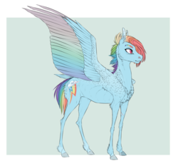 Size: 1280x1192 | Tagged: safe, artist:dementra369, rainbow dash, pegasus, pony, g4, alternate universe, chest fluff, colored wings, concave belly, female, mare, multicolored wings, rainbow wings, realistic anatomy, realistic horse legs, realistic wings, ribs, scar, solo, spread wings, thin, thin legs, wings