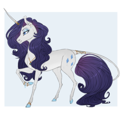 Size: 1280x1192 | Tagged: safe, artist:dementra369, rarity, classical unicorn, pony, unicorn, g4, alternate universe, bracelet, cloven hooves, colored hooves, eyeshadow, female, horn, horn jewelry, jewelry, leonine tail, lidded eyes, long horn, makeup, mare, pendant, raised hoof, realistic horse legs, solo, tail jewelry