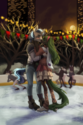 Size: 1200x1800 | Tagged: safe, artist:weird--fish, queen chrysalis, shining armor, changeling, changeling queen, earth pony, pegasus, unicorn, anthro, plantigrade anthro, g4, alternate universe, building, christmas, city, clothes, female, hearth's warming eve, holiday, ice skating, kissing, male, scarf, scenery, ship:shining chrysalis, shipping, skyscraper, smiling, stallion, straight, winter