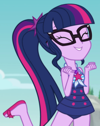 Size: 755x955 | Tagged: safe, screencap, sci-twi, twilight sparkle, equestria girls, equestria girls series, forgotten friendship, g4, clothes, cropped, cute, eyes closed, feet, female, flip-flops, geode of telekinesis, magical geodes, sandals, sci-twi swimsuit, sleeveless, solo, swimsuit, twiabetes