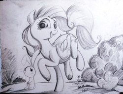 Size: 3875x2964 | Tagged: safe, artist:ponsce, angel bunny, fluttershy, pegasus, pony, g4, black and white, female, grayscale, high res, mare, monochrome, smiling, traditional art