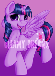 Size: 900x1240 | Tagged: safe, artist:gleamydreams, twilight sparkle, alicorn, pony, g4, female, looking at you, mare, obtrusive watermark, solo, spread wings, twilight sparkle (alicorn), watermark, wings
