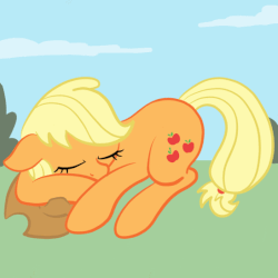Size: 548x548 | Tagged: safe, artist:lannielona, applejack, earth pony, pony, g4, animated, applejack's hat, barely animated, breathing, bush, cloud, cowboy hat, cute, eyes closed, female, gif, grass, hat, jackabetes, loop, mare, outdoors, show accurate, shrub, sky, sleeping, solo
