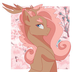 Size: 949x878 | Tagged: safe, artist:teapup, oc, oc only, deer, pony, reindeer, antlers, female, half body, looking at you, mare, on side, pink, side view, solo