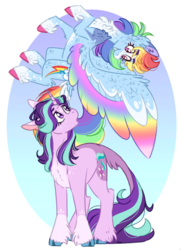 Size: 742x1024 | Tagged: safe, artist:wanderingpegasus, rainbow dash, starlight glimmer, classical unicorn, pegasus, pony, unicorn, g4, chest fluff, cloven hooves, coat markings, colored hooves, colored wings, colored wingtips, duo, female, horn, leonine tail, looking at each other, mare, socks (coat markings), unshorn fetlocks