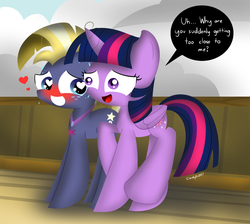 Size: 1024x918 | Tagged: safe, artist:cloudyzu, star tracker, twilight sparkle, alicorn, pony, g4, once upon a zeppelin, blushing, dialogue, female, heart, heart eyes, male, one sided shipping, one-sided love, ship:twitracker, shipping, speech bubble, straight, sweat, twilight sparkle (alicorn), wingding eyes