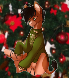 Size: 894x1008 | Tagged: safe, artist:teapup, oc, oc only, oc:adrian coalhopper, donkey, hybrid, pony, zebra, zonkey, christmas, christmas jumper, commission, full body, holiday, jumper, looking down, shading, sitting, solo