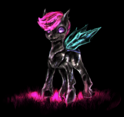 Size: 1024x966 | Tagged: safe, artist:elkaart, scootaloo, changeling, crystal pony, g4, black background, changelingified, crystal changeling, crystallized, female, purple eyes, scootaling, simple background, solo, species swap, wings