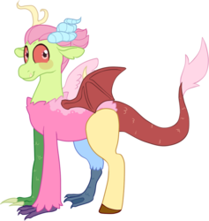 Size: 678x714 | Tagged: safe, oc, oc only, oc:jangle, draconequus, 2019 community collab, derpibooru community collaboration, cis, cis guy, draconequus oc, horns, male, simple background, smiling, solo, transparent background, wings